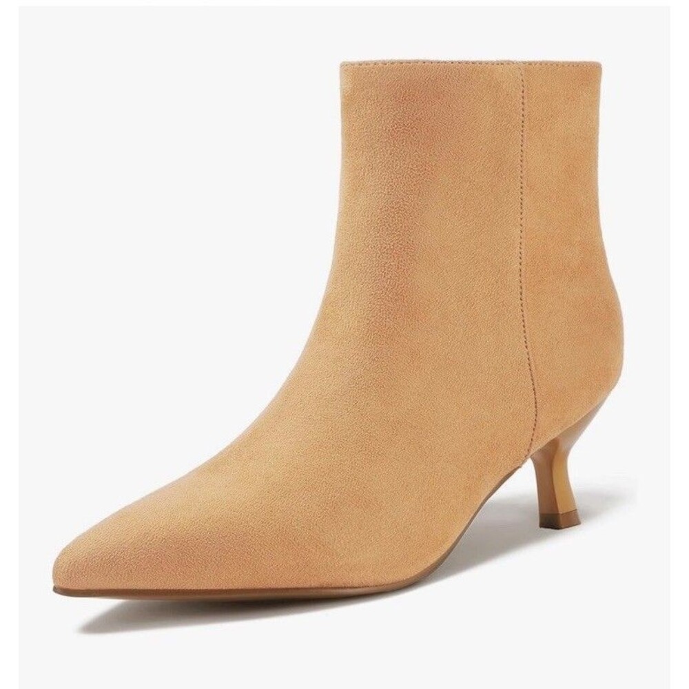 Women Low Kitten Heel Ankle Boots Pointed Toe Zipper Booties Size 9 Khaki Suede